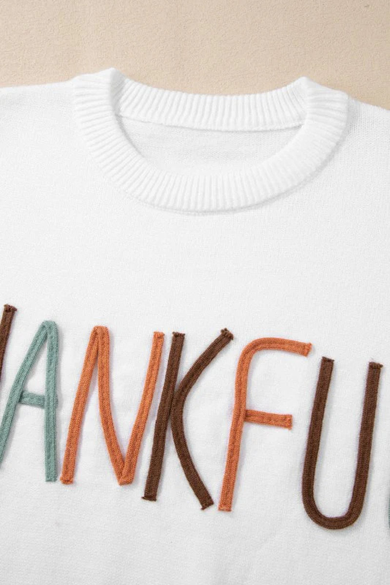 Thankful Embroidered Ribbed Trim Thanksgiving Swea