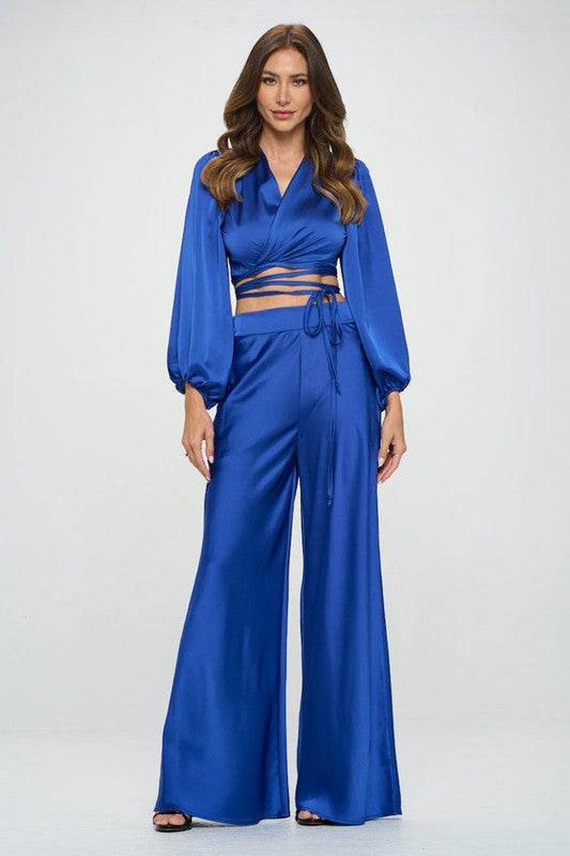 Stretch Satin Pants W/ Elastic Waist and Pockets