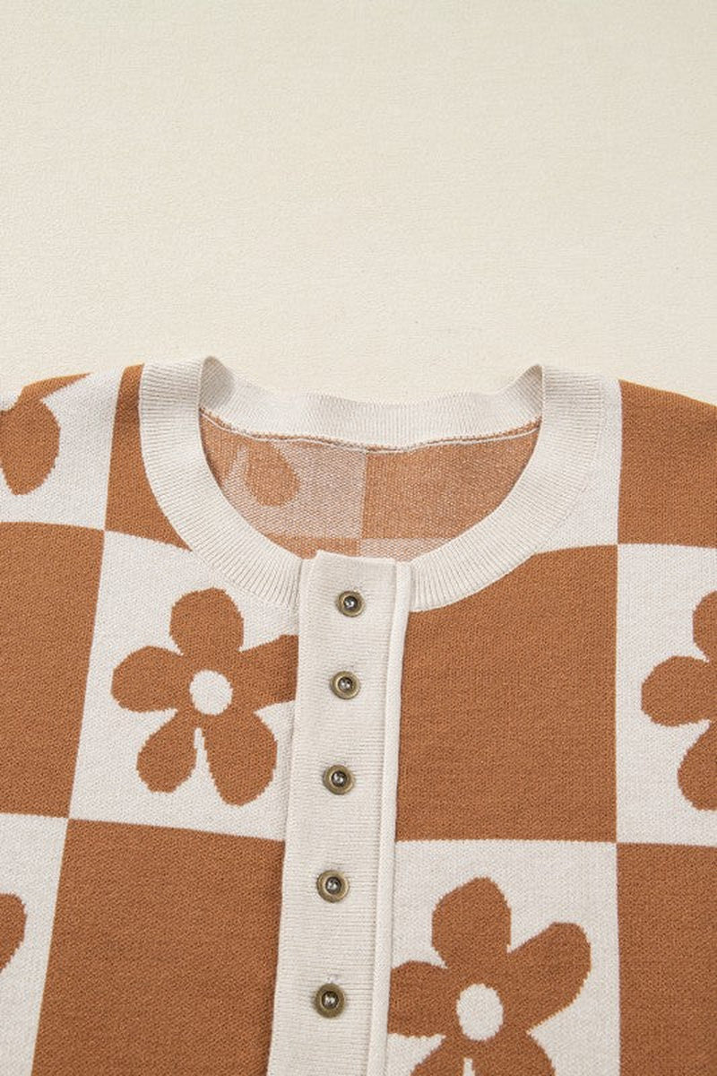 Flower Checker Henley Baggy Sweater