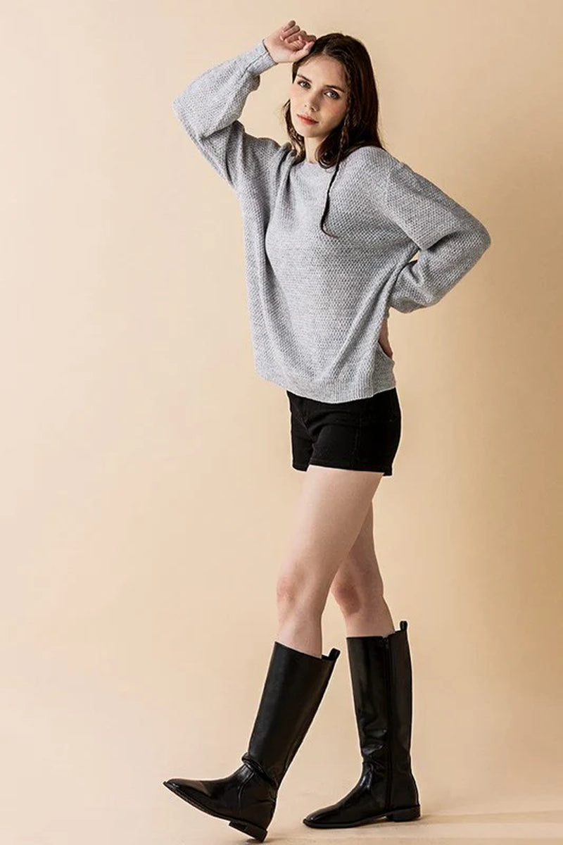 Plus round Neck Balloon Sleeve Heathered Sweater