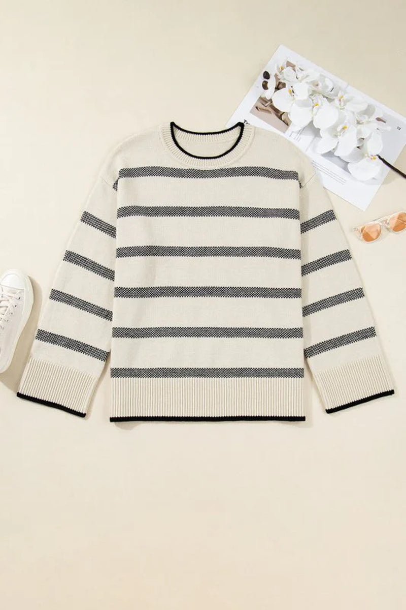 Plus Size Stripe Wide Sleeve Crewneck Sweater