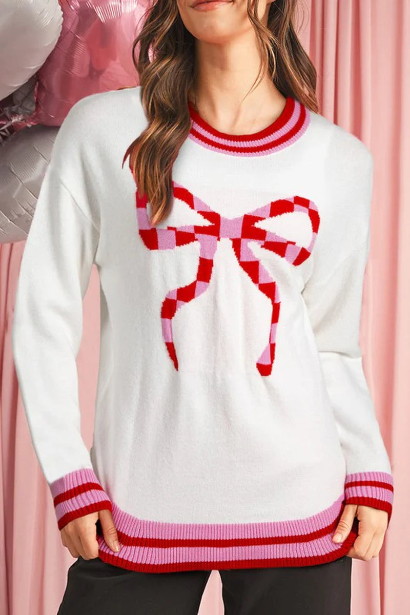 Christmas Stripe Trim Bow Crewneck Sweater
