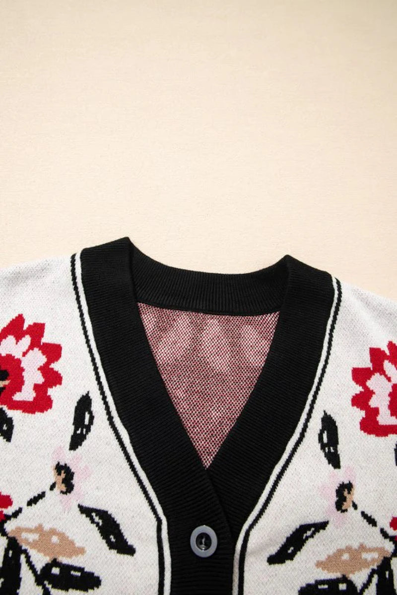 Floral Knit Button-Front V-Neck Cardigan