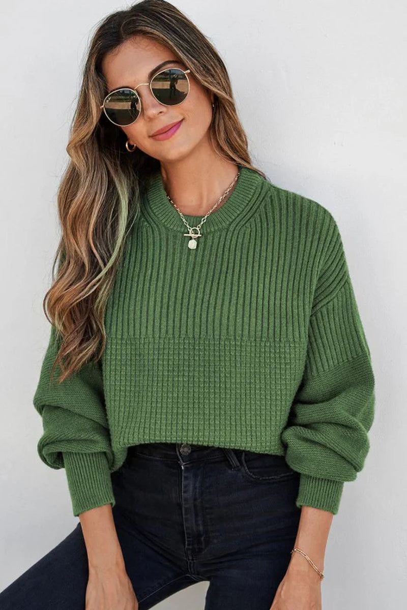 Solid Textured Knit Crewneck Sweater