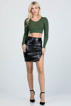 Open Side Slit PU Leather Mini Skirt
