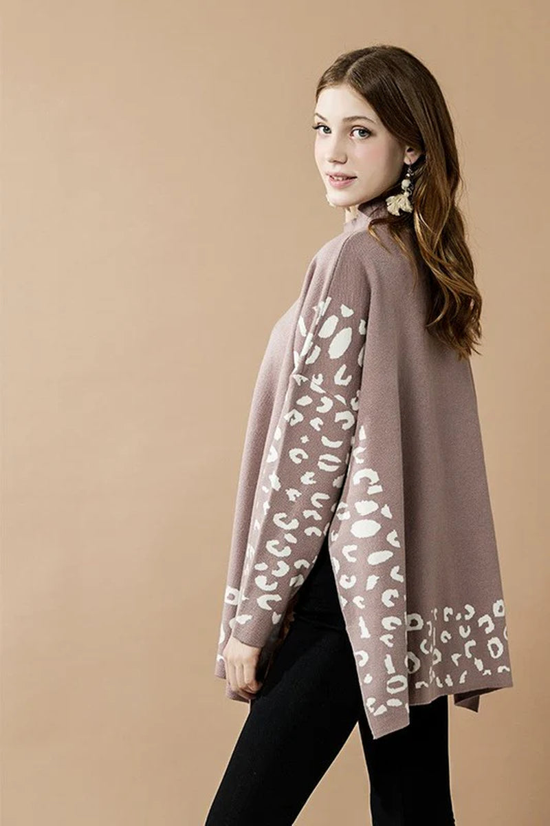 Oversized Mock Neck Leopard Print Sweater Tunic