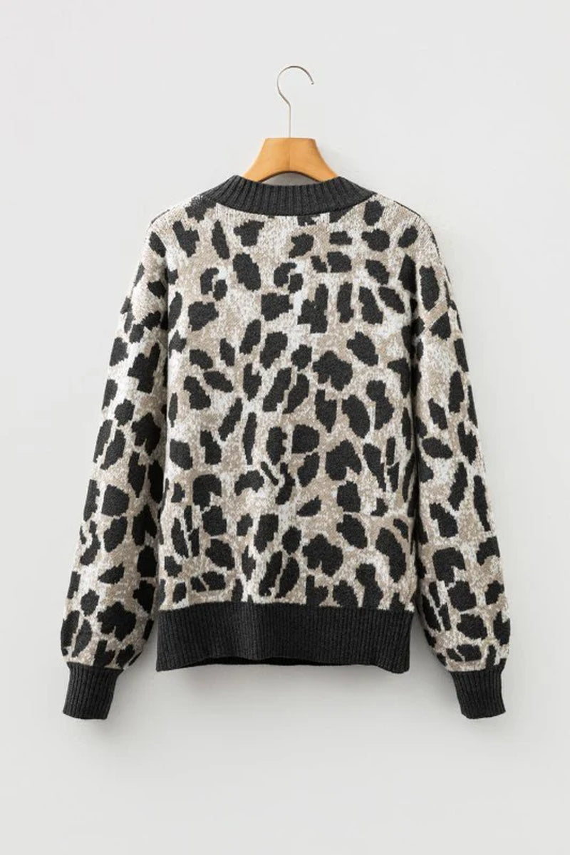 Leopard Contrast Trim Drop Shoulder Sweater