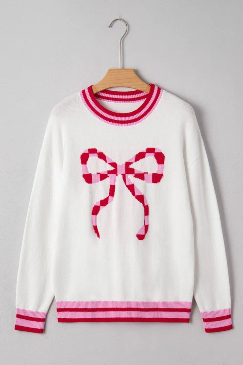 Christmas Stripe Trim Bow Crewneck Sweater