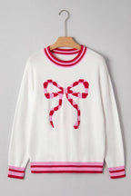 Christmas Stripe Trim Bow Crewneck Sweater