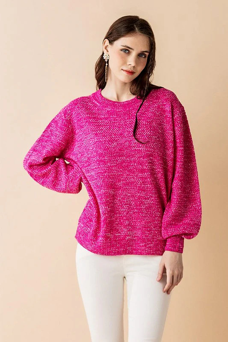 Plus round Neck Balloon Sleeve Heathered Sweater