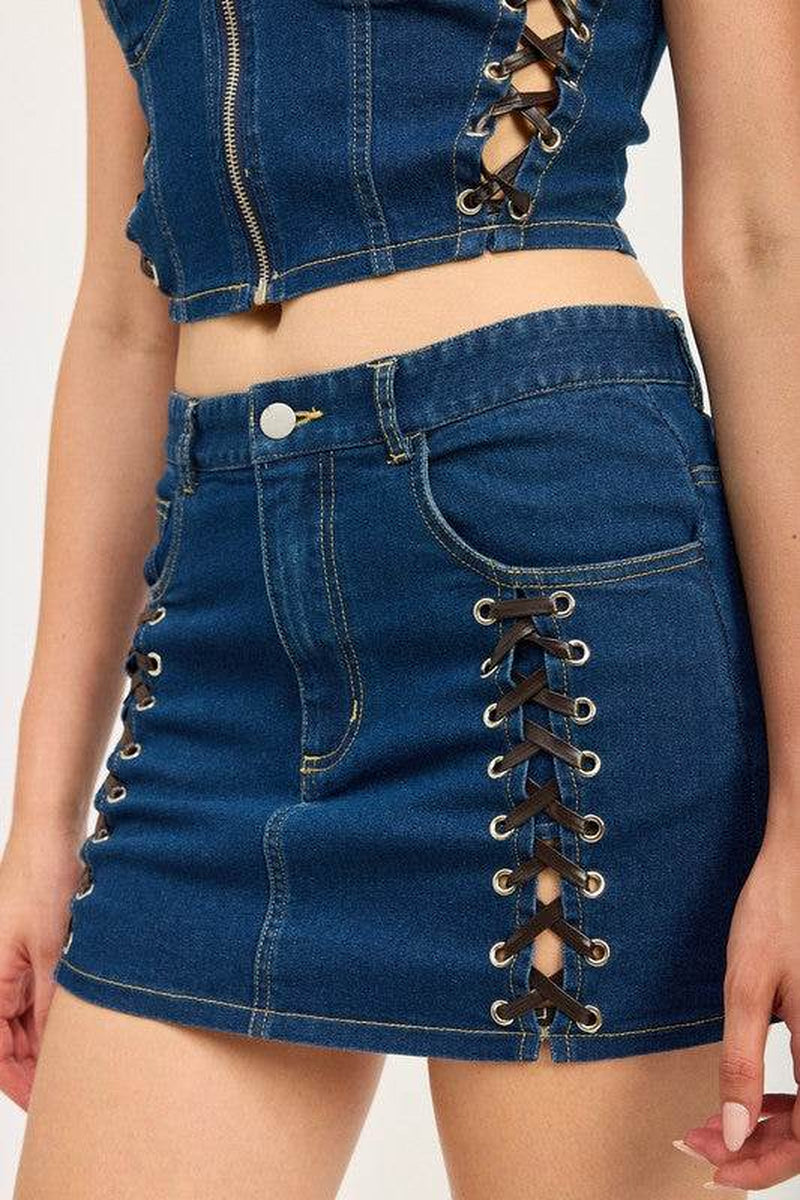 LACE up MINI DENIM SKIRT
