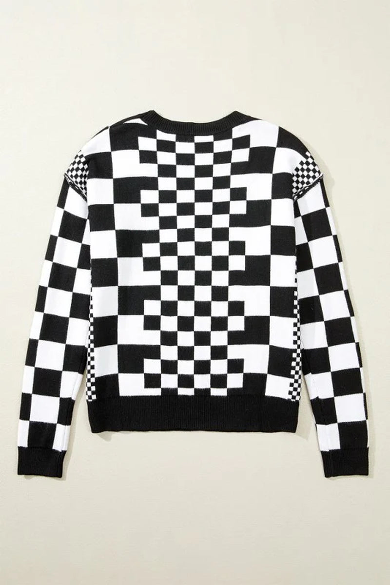 Checker round Neck Drop Shoulder Sweater