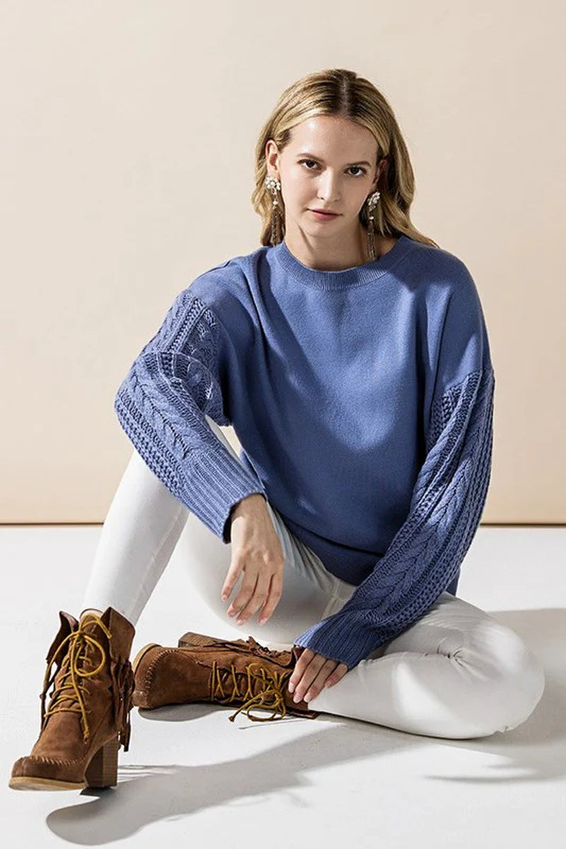 Plus Cozy Solid Body Contrast Cable Knit Sweater