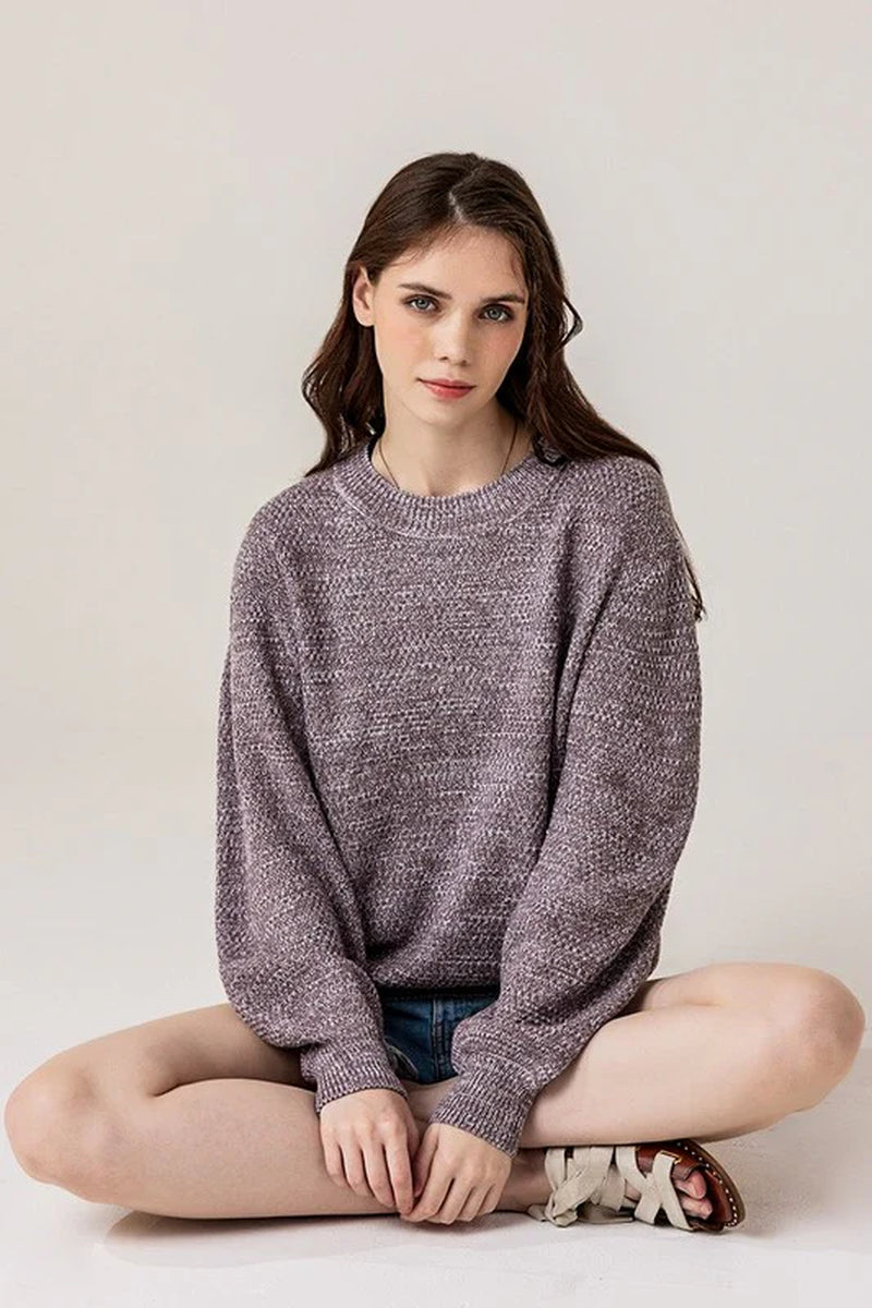Plus round Neck Balloon Sleeve Heathered Sweater