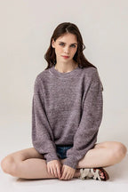 Plus round Neck Balloon Sleeve Heathered Sweater
