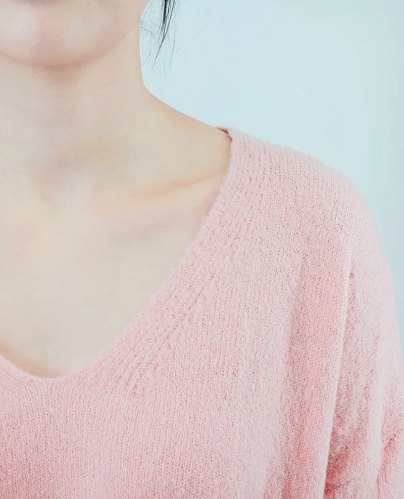 Wide V-Neck Oversized Sweater Top W. Side Slit