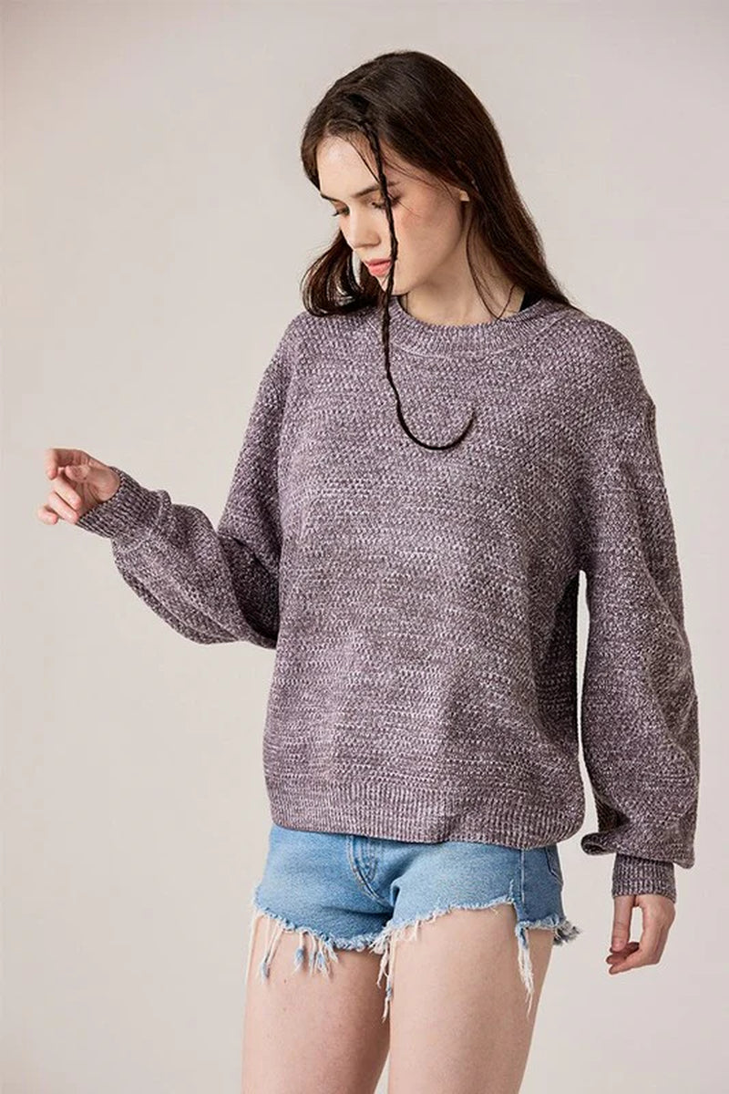 Plus round Neck Balloon Sleeve Heathered Sweater