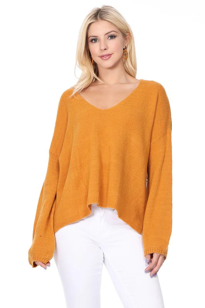 Wide V-Neck Oversized Sweater Top W. Side Slit