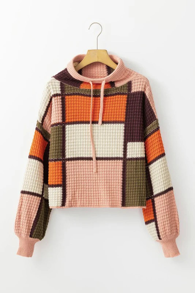 Colorblock Waffle Knit Mock Neck Sweater