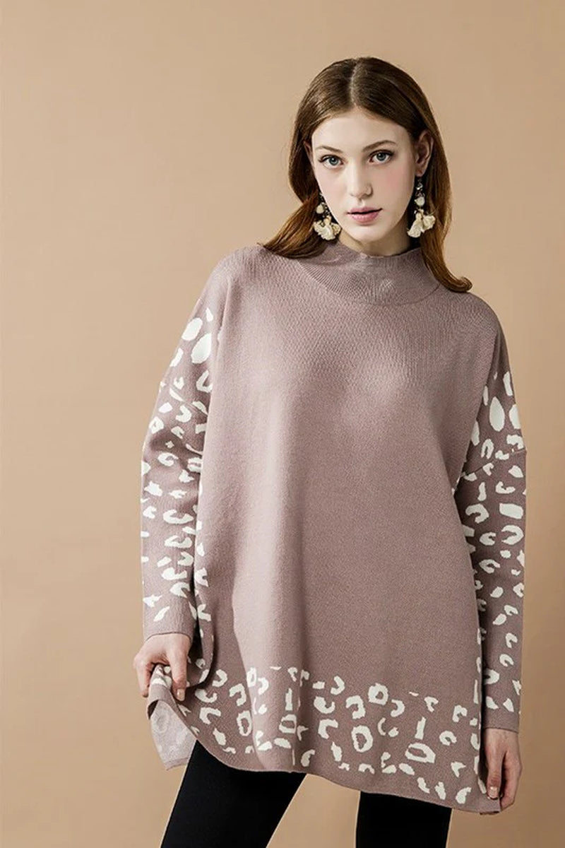 Plus Oversize Mockneck Leopard Print Sweater Tunic