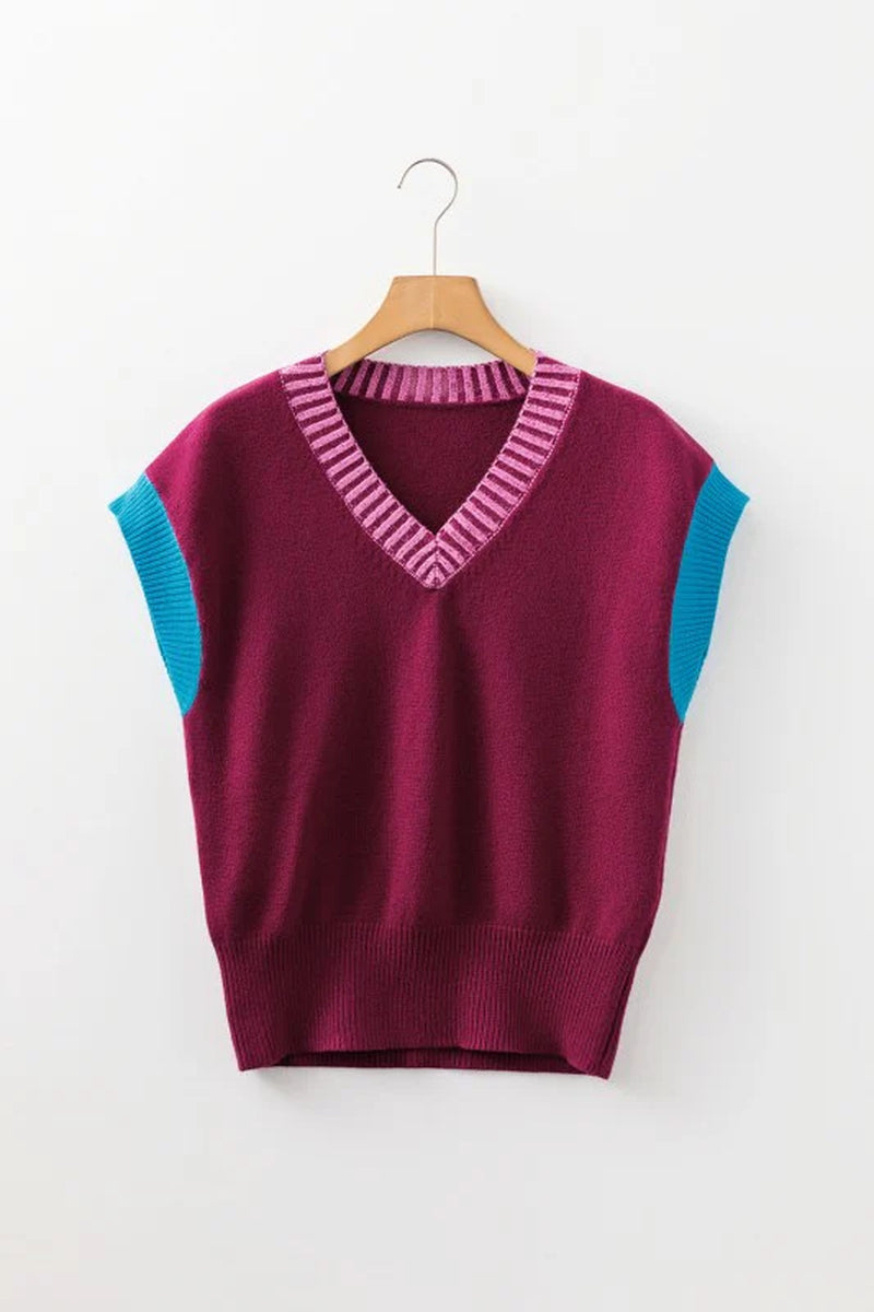 Colorblock V-Neck Cuffed Short Sleeve Sweater