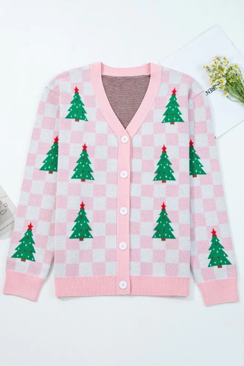 Checker Tree V-Neck Cardigan