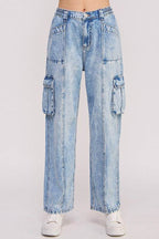 HIGH WAIST BAGGY DENIM CARGO ANKLE LENGTH TROUSERS