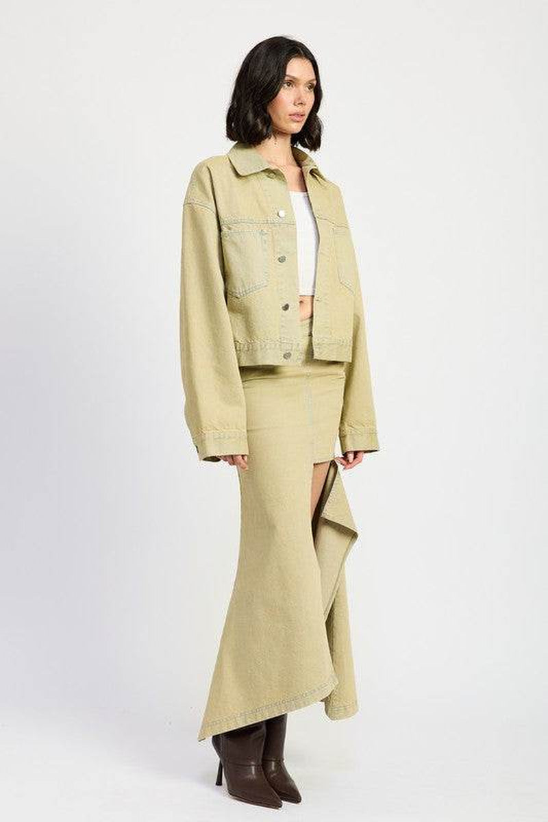 V-WAISTLINE DRAPED MAXI SKIRT with SLIT DETAIIL