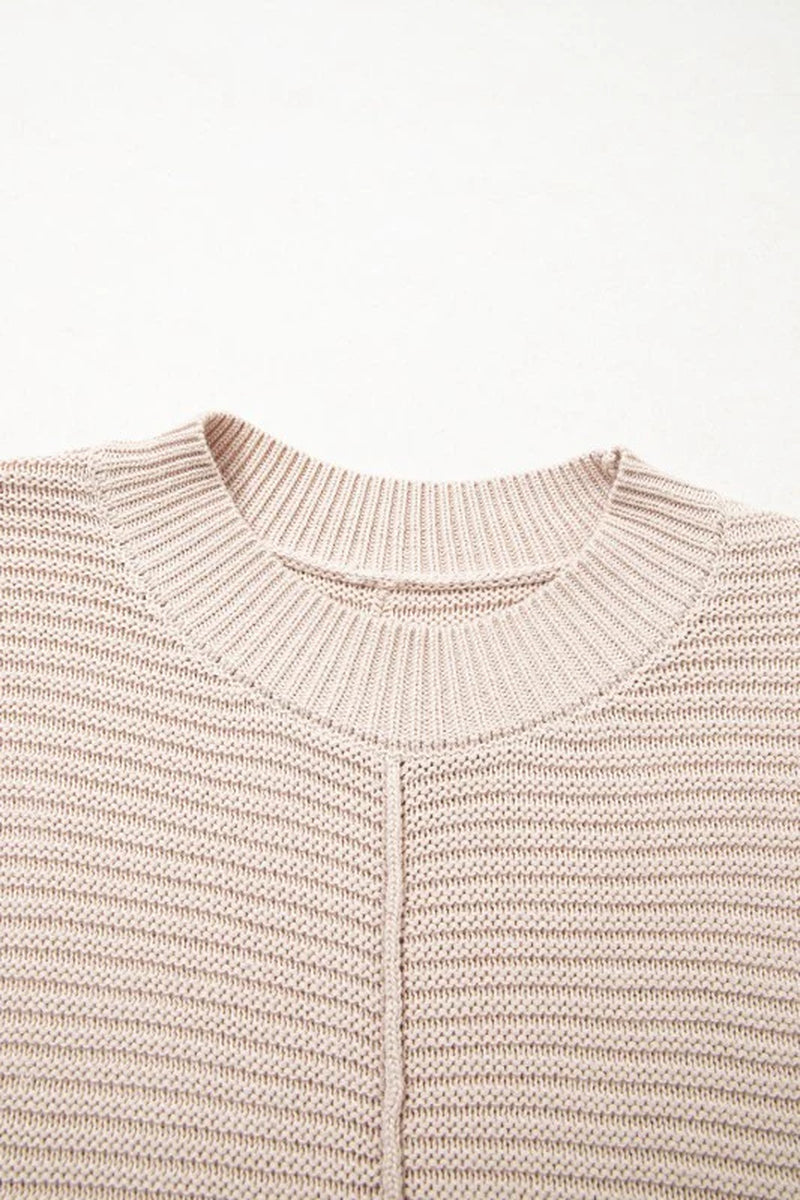 Ribbed Patchwork Textured Knit Puff Sleeve Sweater