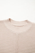 Ribbed Patchwork Textured Knit Puff Sleeve Sweater