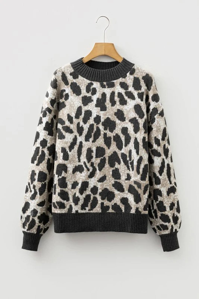 Leopard Contrast Trim Drop Shoulder Sweater