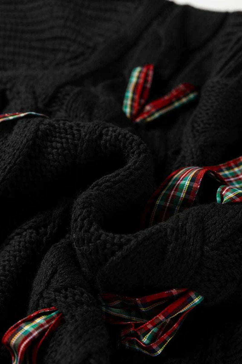 Christmas Plaid Lace-Up Puff Sleeve Sweater