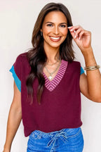 Colorblock V-Neck Cuffed Short Sleeve Sweater