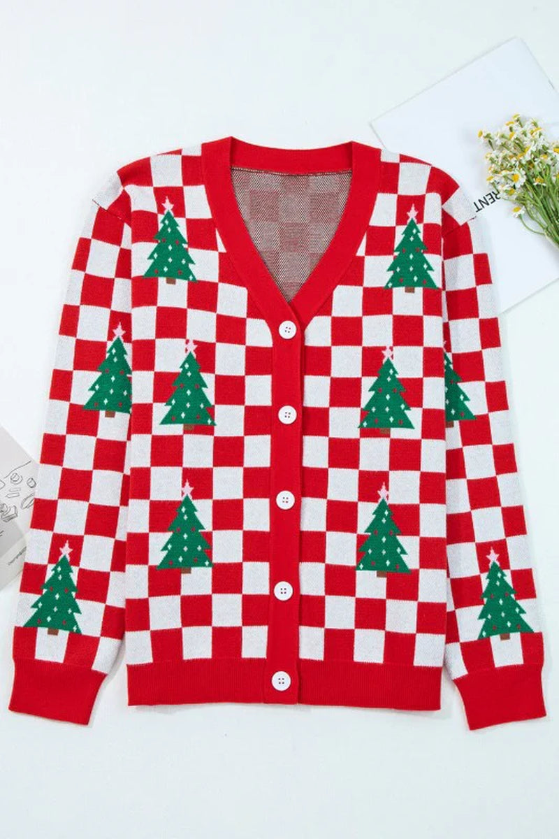 Checker Tree V-Neck Cardigan