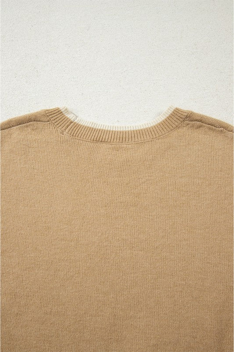 Leopard Bow Split Cuff Contrast Trim Sweater