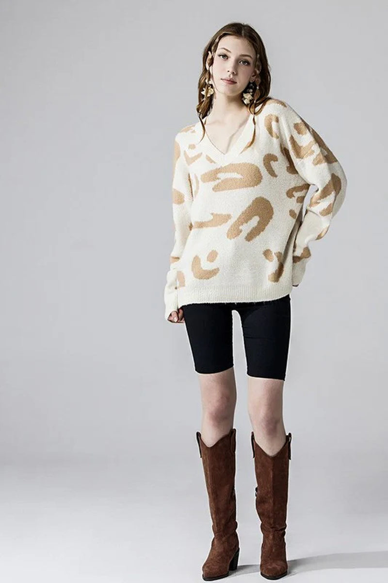 Plus Fuzzy Mohair Jacquard V-Neck Leopard Sweater