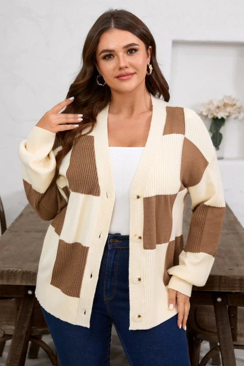 Plus Size Checker Ribbed Knit Buttoned V-Neck Card