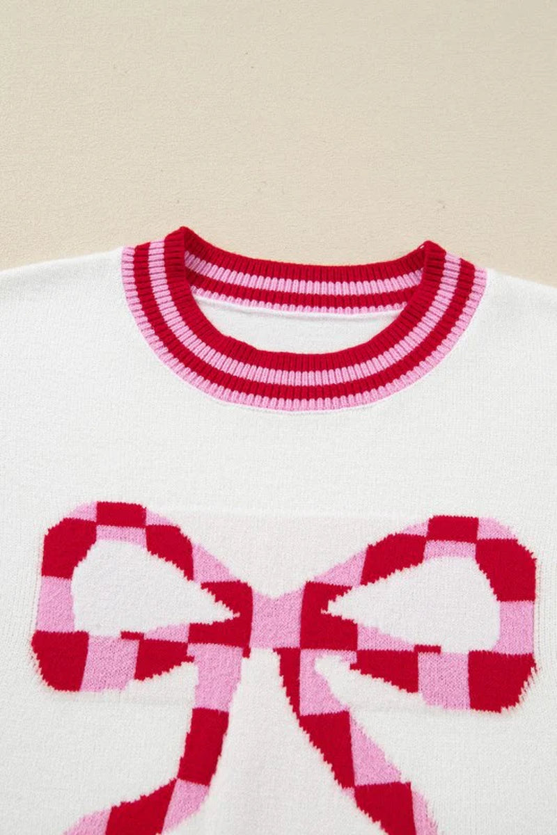 Christmas Stripe Trim Bow Crewneck Sweater