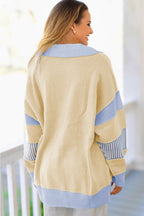 Stripe Colorblock Collared Drop Shoulder Sweater