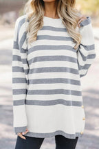 Stripe Ribbed Side-Button Drop Shoulder Sweater