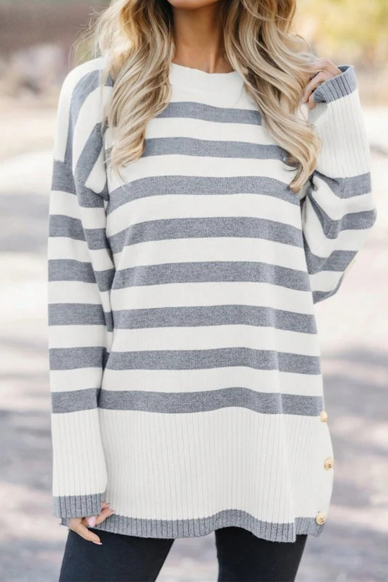 Stripe Ribbed Side-Button Drop Shoulder Sweater