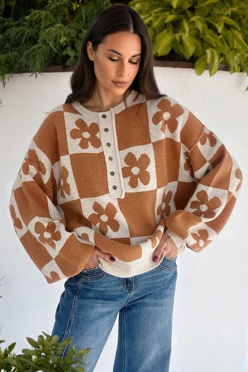 Flower Checker Henley Baggy Sweater
