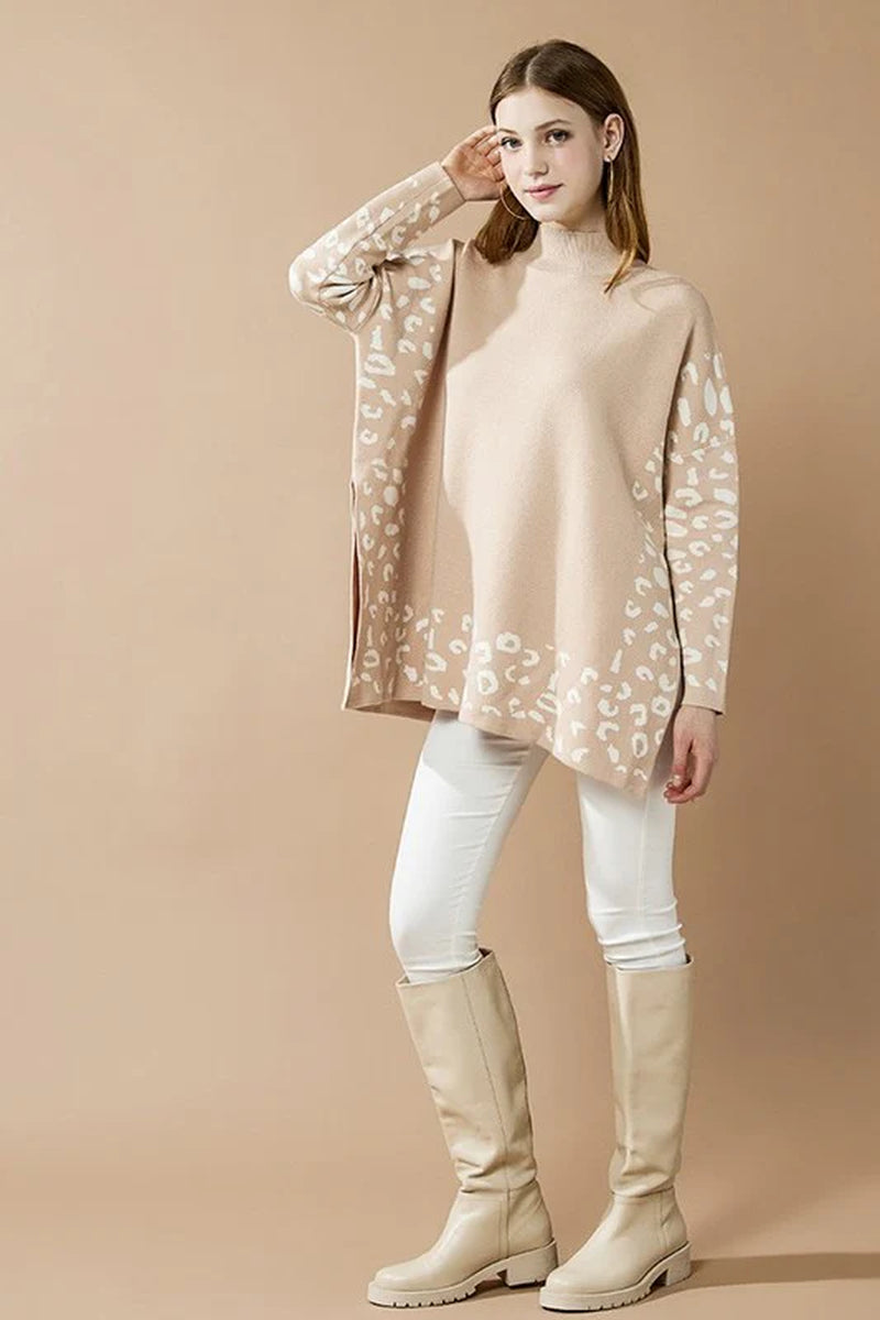 Oversized Mock Neck Leopard Print Sweater Tunic