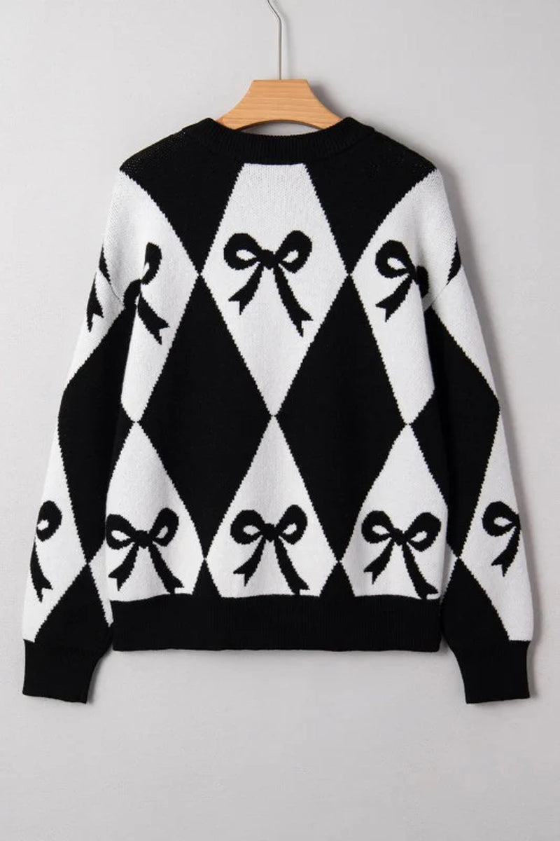 Bow Colorblock Rhombus Drop Shoulder Sweater