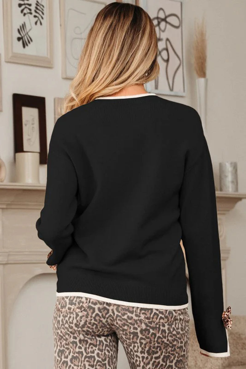 Leopard Bow Split Cuff Contrast Trim Sweater