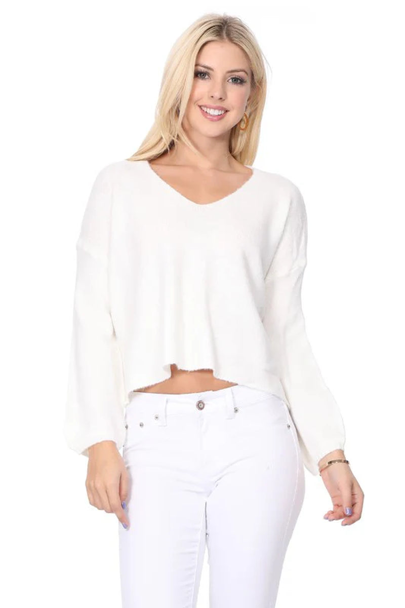 Wide V-Neck Oversized Sweater Top W. Side Slit