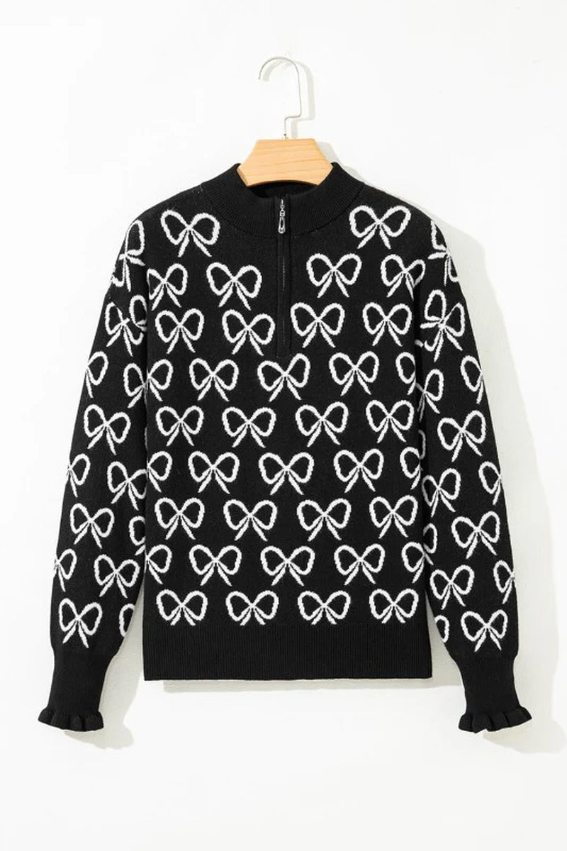 Bow Zipped Collar Drop Shoulder Sweater