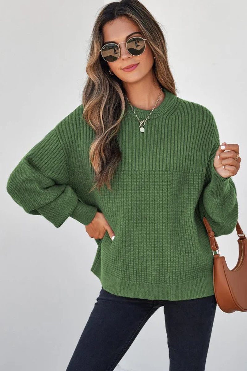 Solid Textured Knit Crewneck Sweater