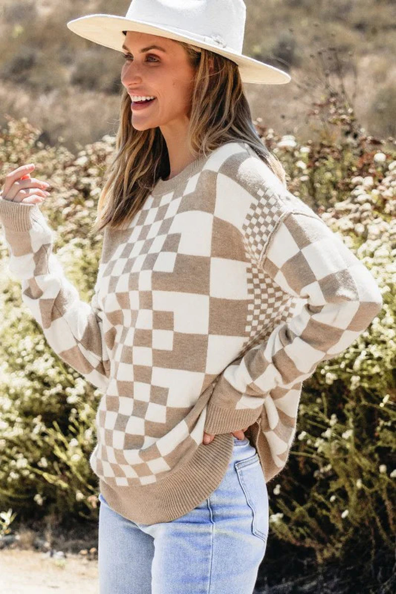 Checker round Neck Drop Shoulder Sweater