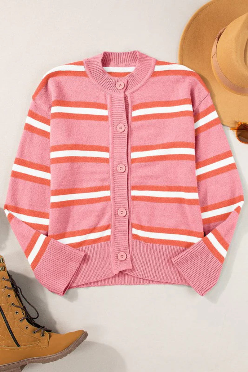 Stripe Drop Shoulder Buttoned Cardigan Sweater